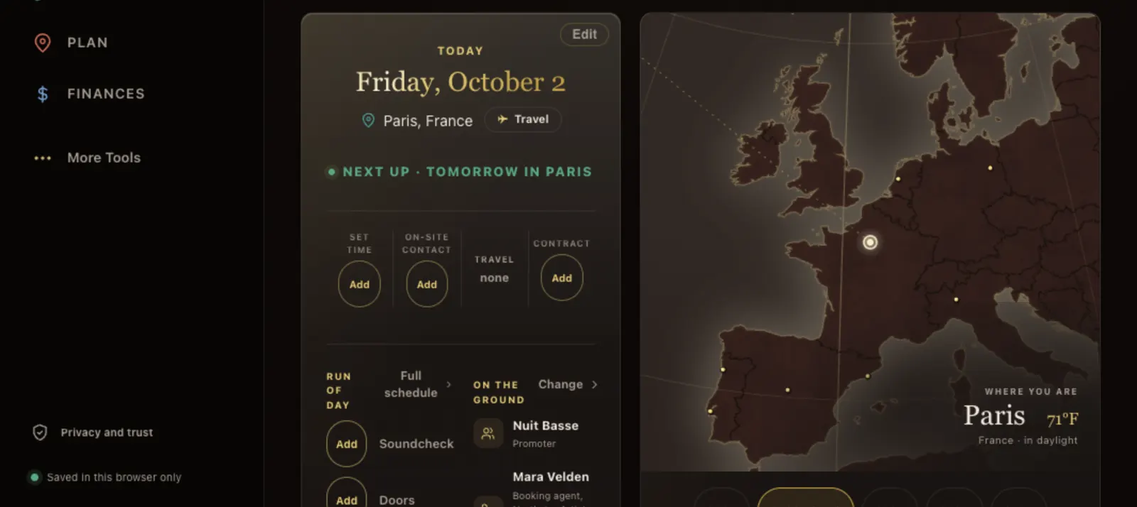 Okulo Today view: the day card for a show in Paris beside a map of the tour.