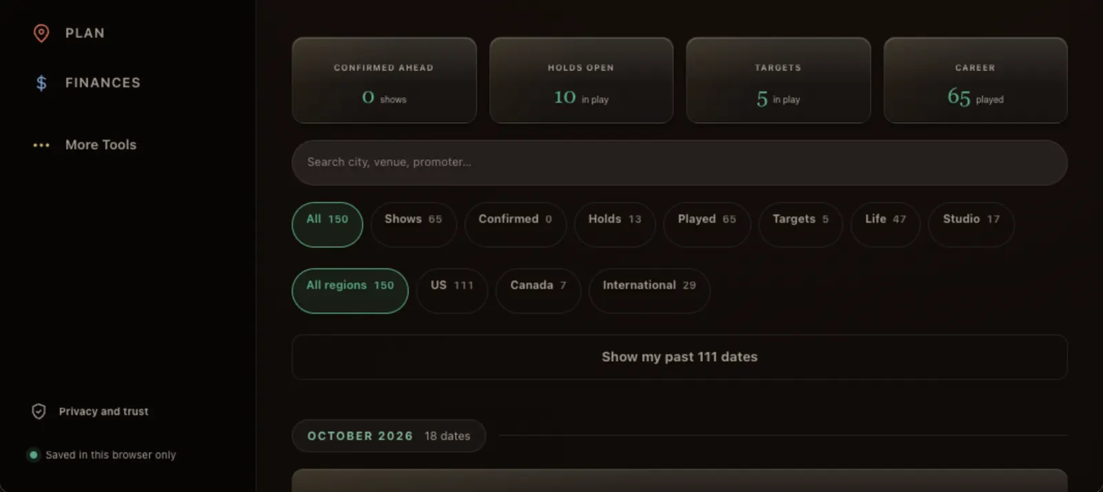 Okulo Tour view: every date and deal in the year, with status filters.